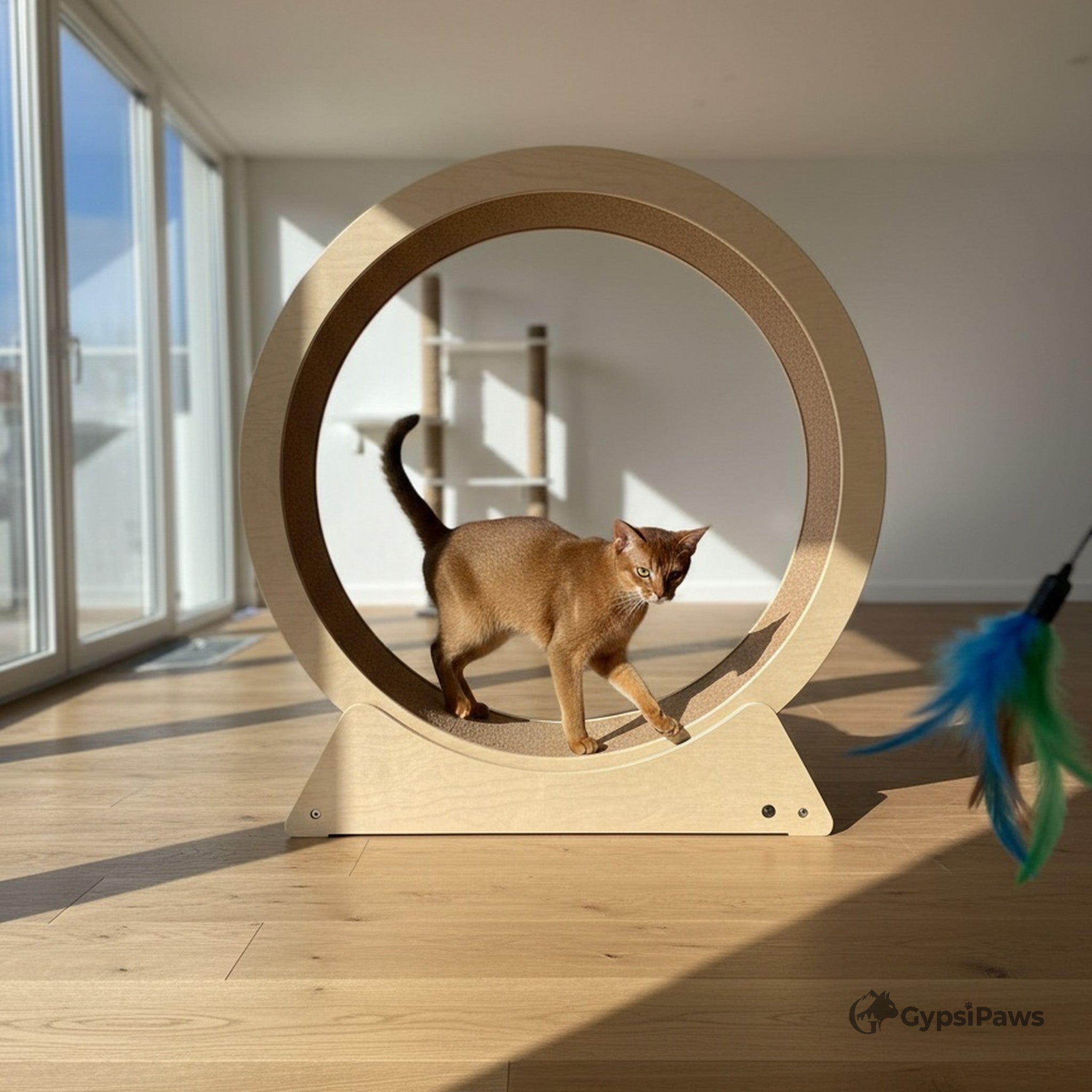 Cat playing with a wooden exercise wheel on a wooden floor.