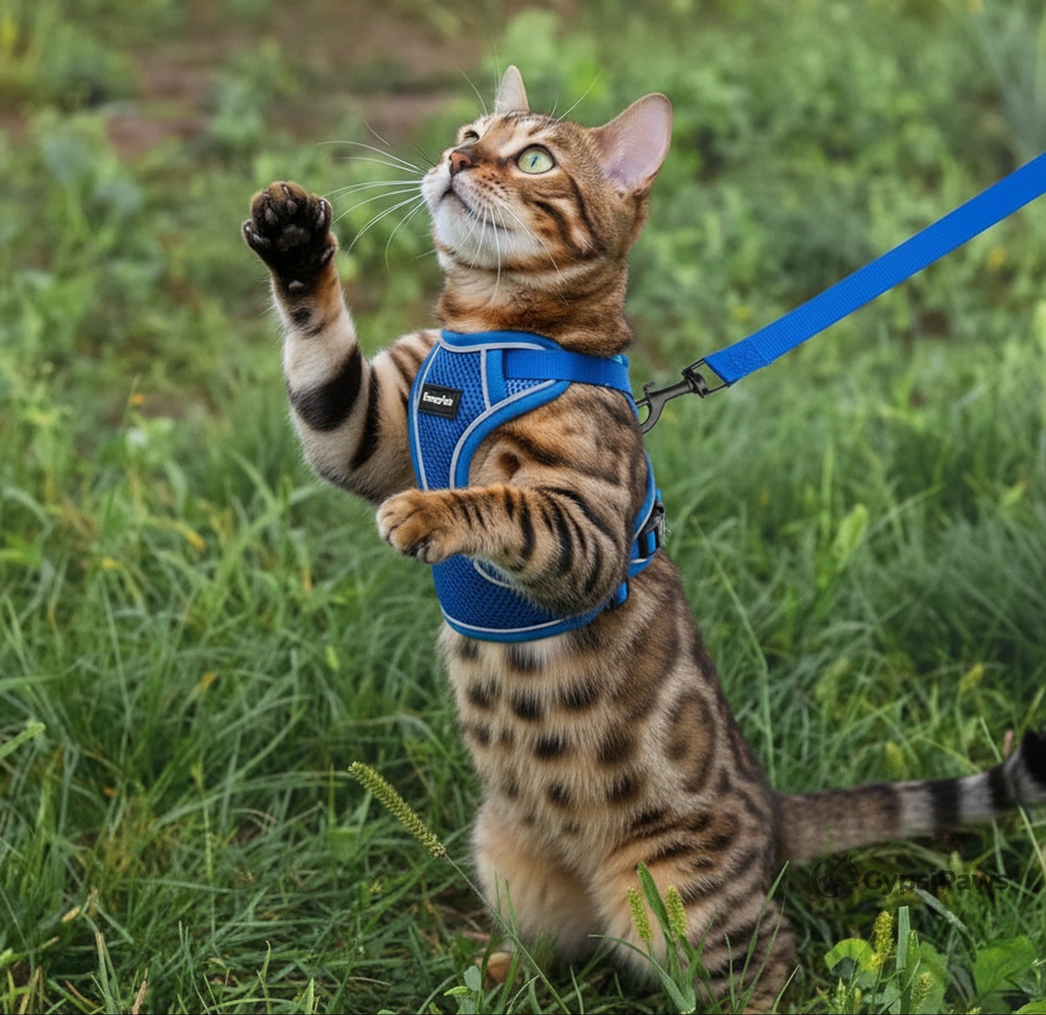 Cat wearing a blue harness and leash in a grassy field