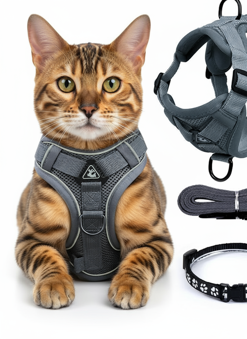 ComfortWalk Cat Harness Set — Escape-Proof, Reflective, Adjustable Mesh