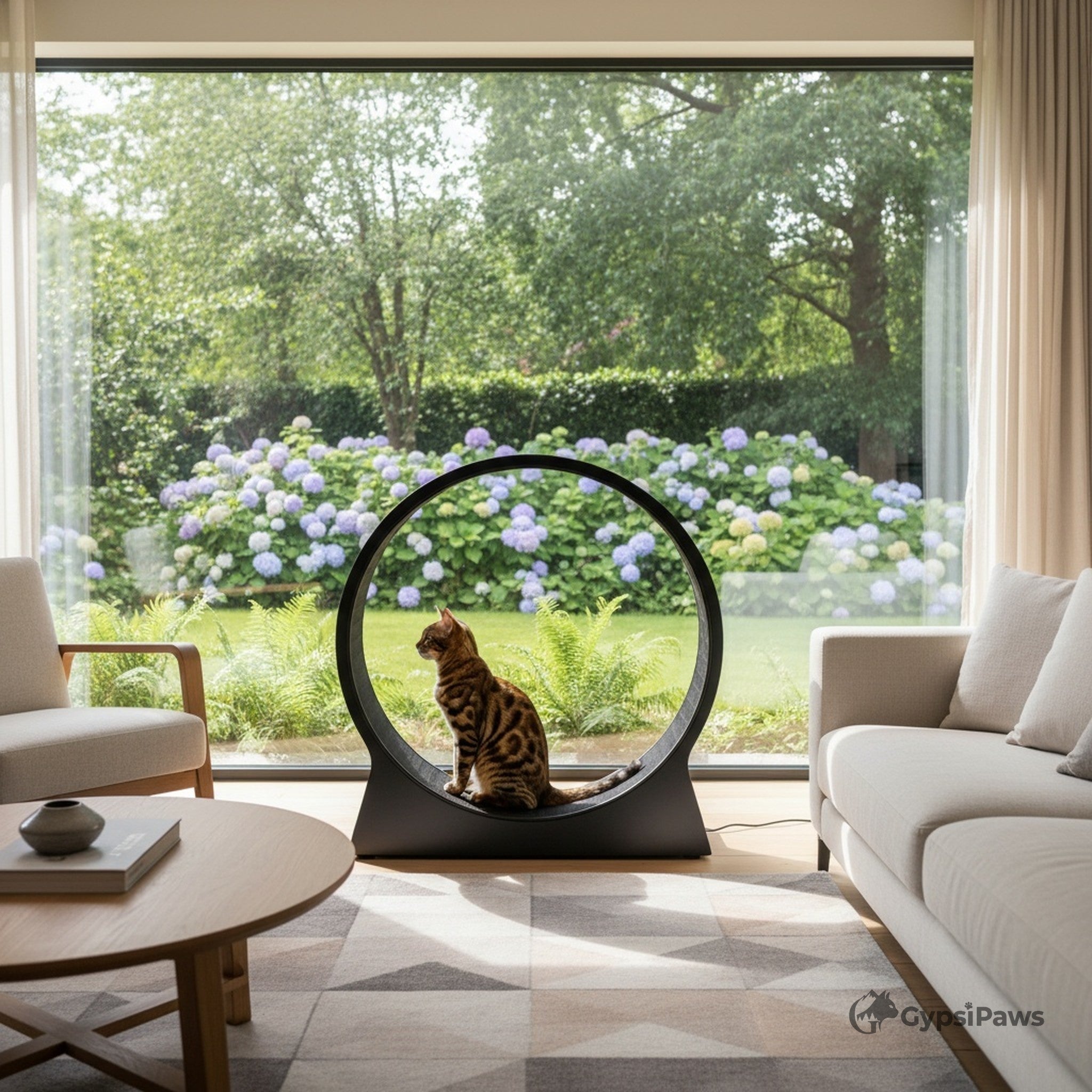 Cat sitting in a modern pet bed with a view of a garden outside.
