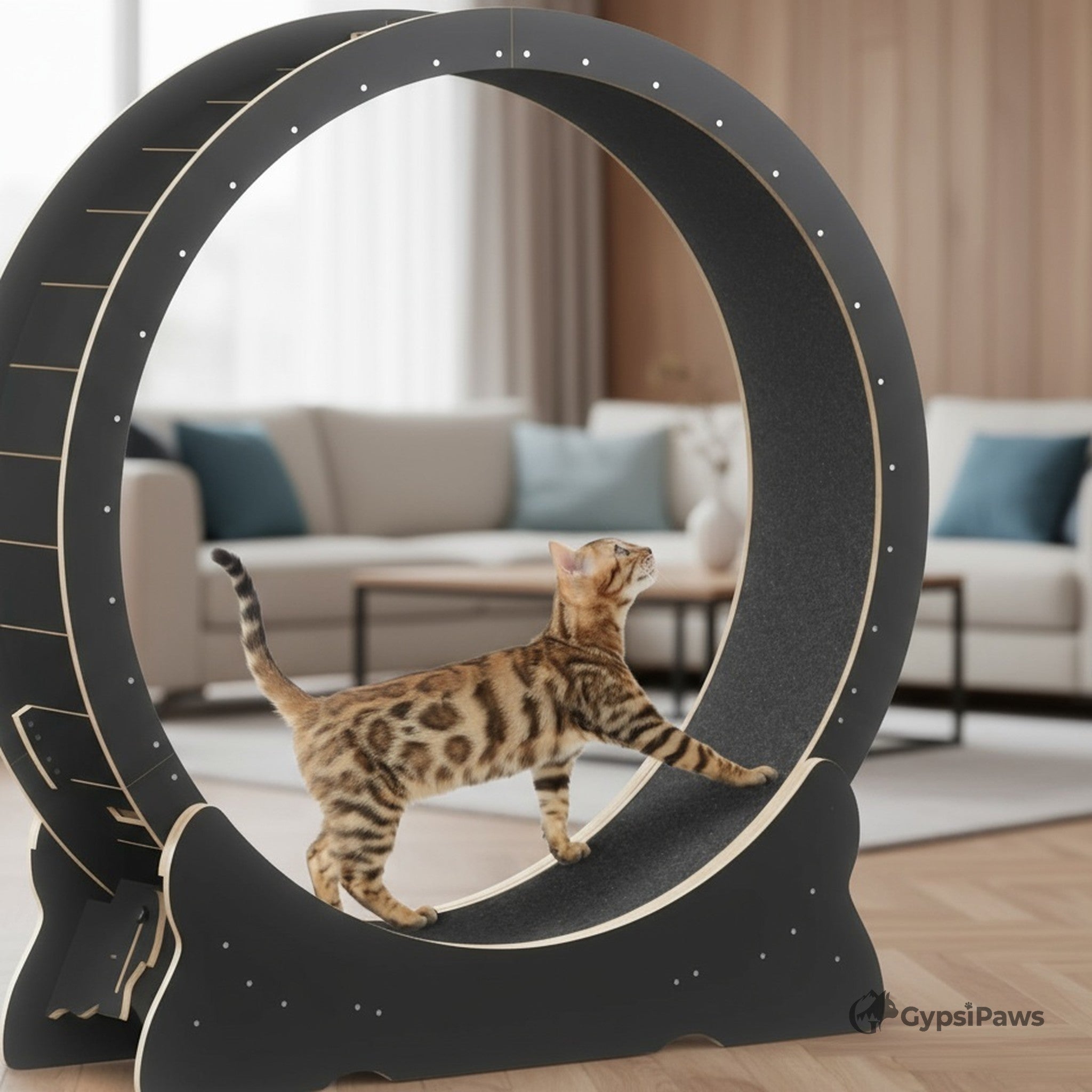 Cat playing with a large black circular toy in a living room.