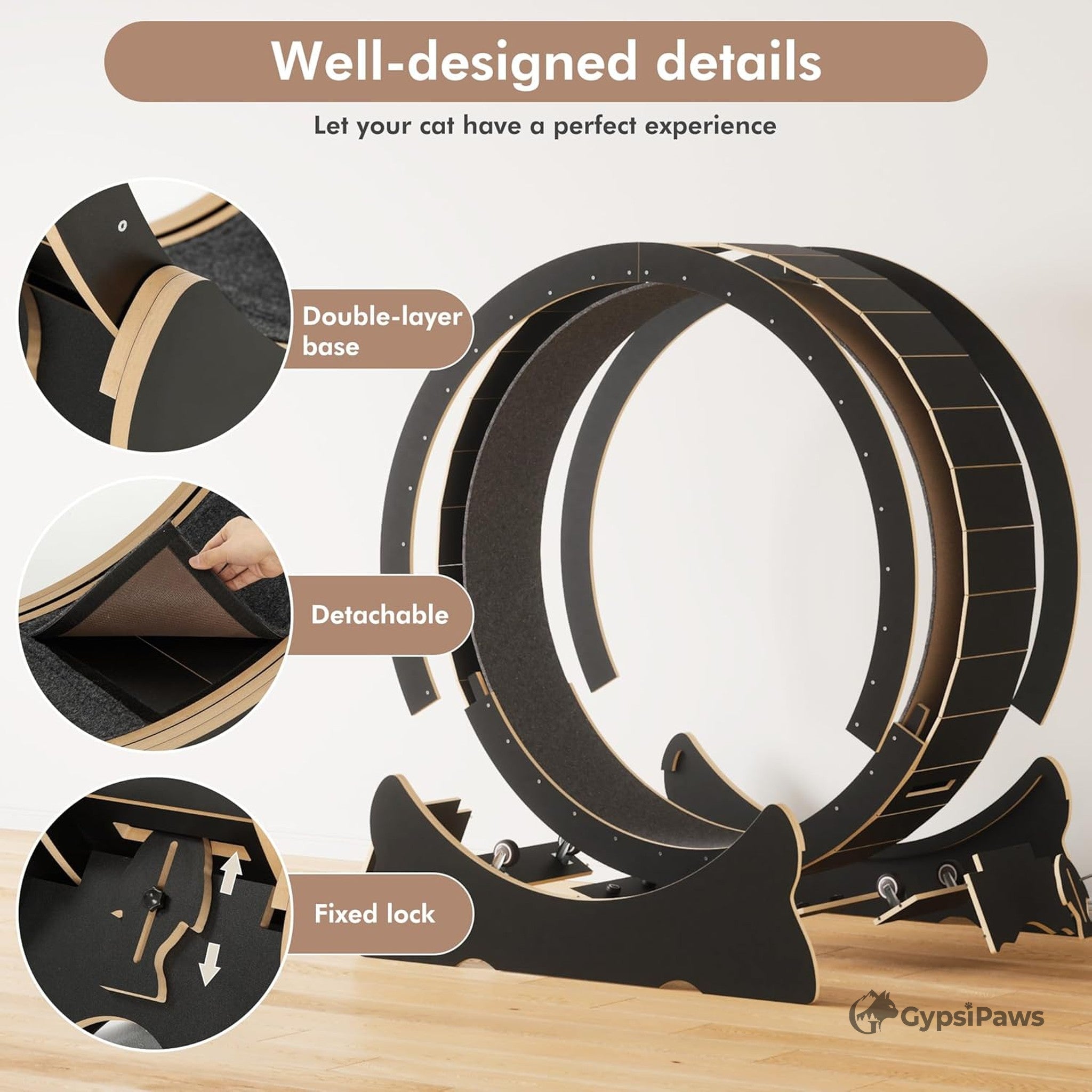 Pet exercise wheel with features highlighted on a light background