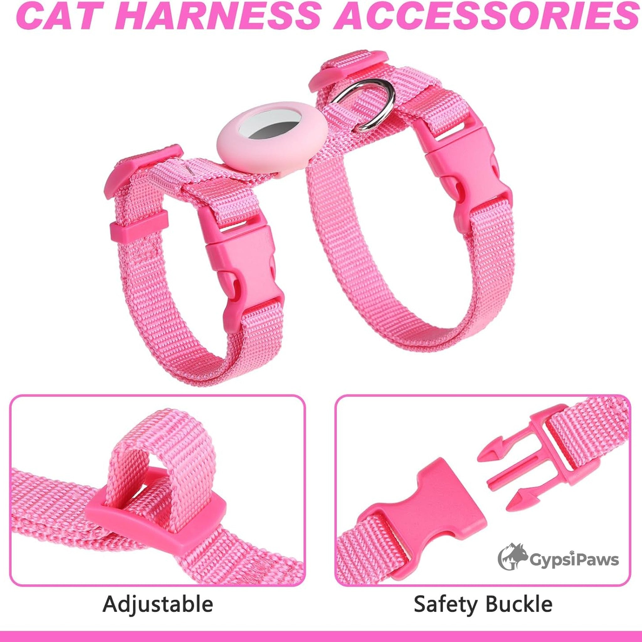 Pink cat harness accessories with adjustable and safety buckle features, branded 'Gypsy Paws'.