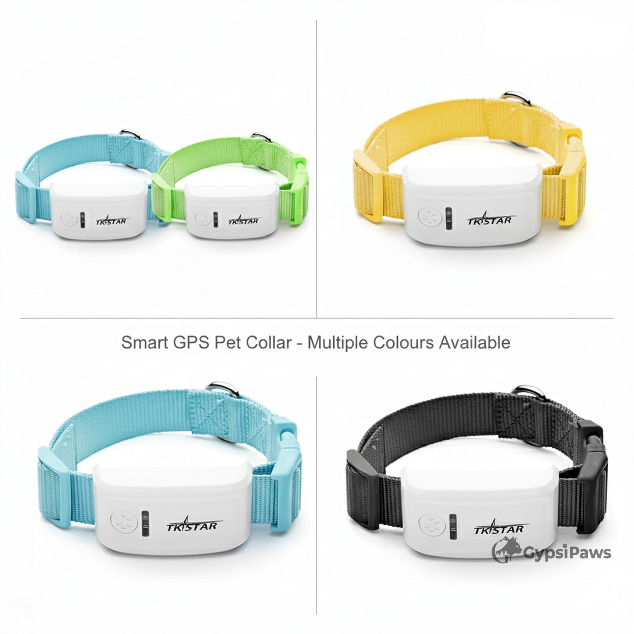 TKSTAR smart GPS pet collars in various colors on a white background