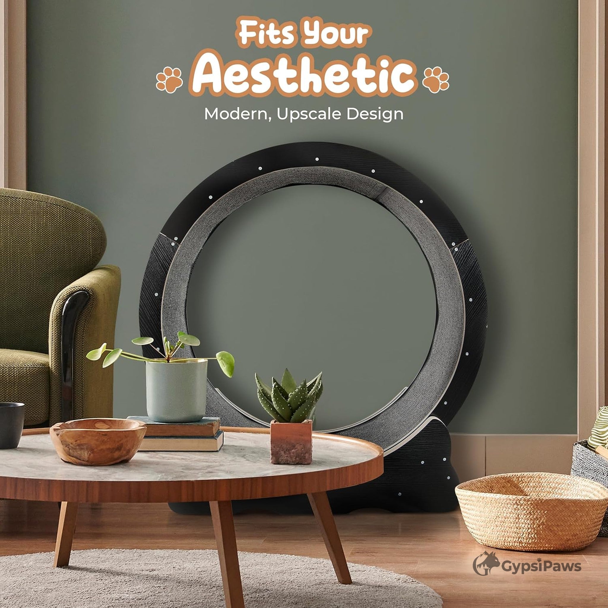 Decorative wheel in a modern living room setting with 'GypsyPaws' branding.