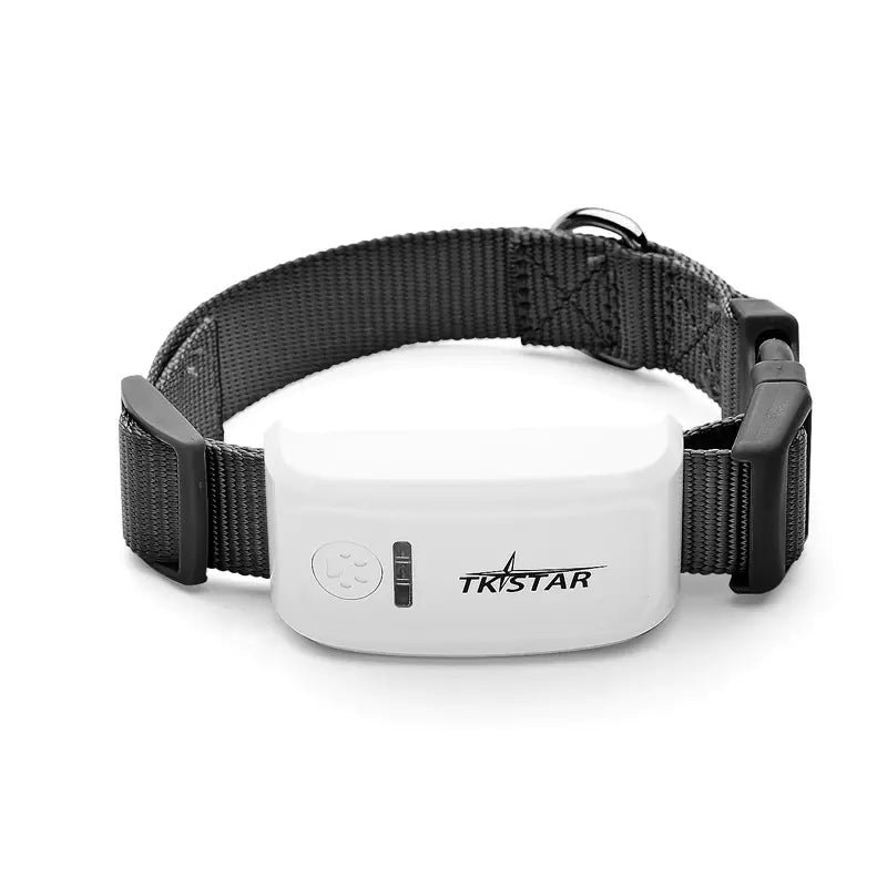 White electronic device on a black cat collar with 'TKSTAR' branding on a white background
