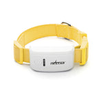 Yellow cat collar with a white device attached to a white background